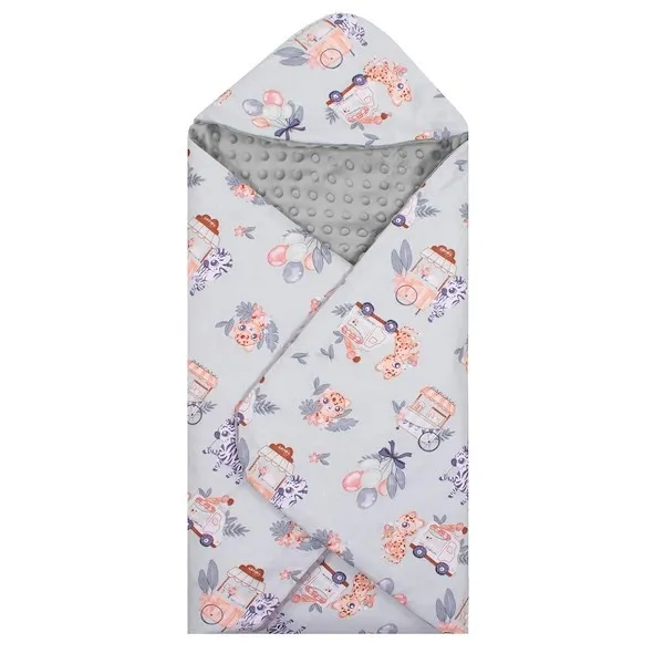 Otulacz dla niemowląt do fotelika, nosidełka, 77x77cm dwustronny kocyk z kapturem, zwierzątka