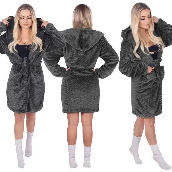 Szlafrok damski z kapturem i paskiem rozm. L/XL polarowy ciemnoszary