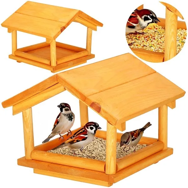 Karmnik dla ptaków drewniany rozm. M domek budka dla sikorek 25x31x30,5 cm jasnobrązowa