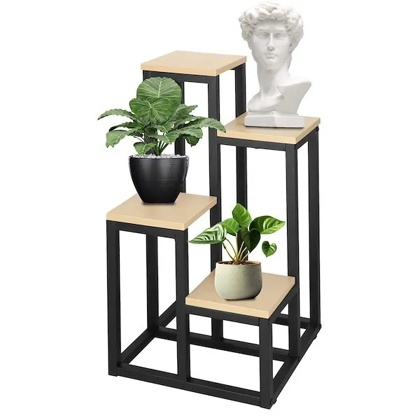 Kwietnik metalowy 4 półki 67,5 cm nowoczesny stojak na kwiaty loft czarny, jasnobrązowy