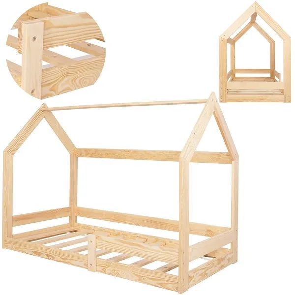 Łóżko dla dziecka z barierką i stelażem, domek 160x80 cm drewniane, jasny brąz