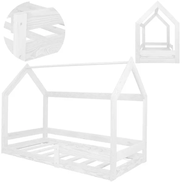 Łóżko dla dziecka z barierką i stelażem, domek 160x80 cm drewniane, białe
