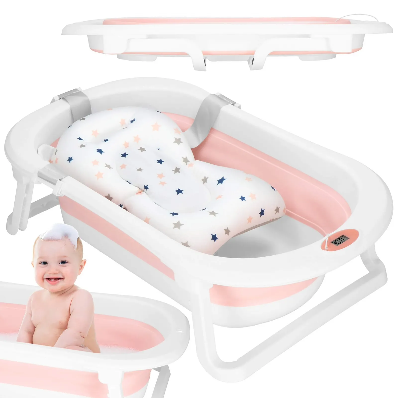 Wanienka dla niemowląt składana 40 L z korkiem i termometrem biało-różowa