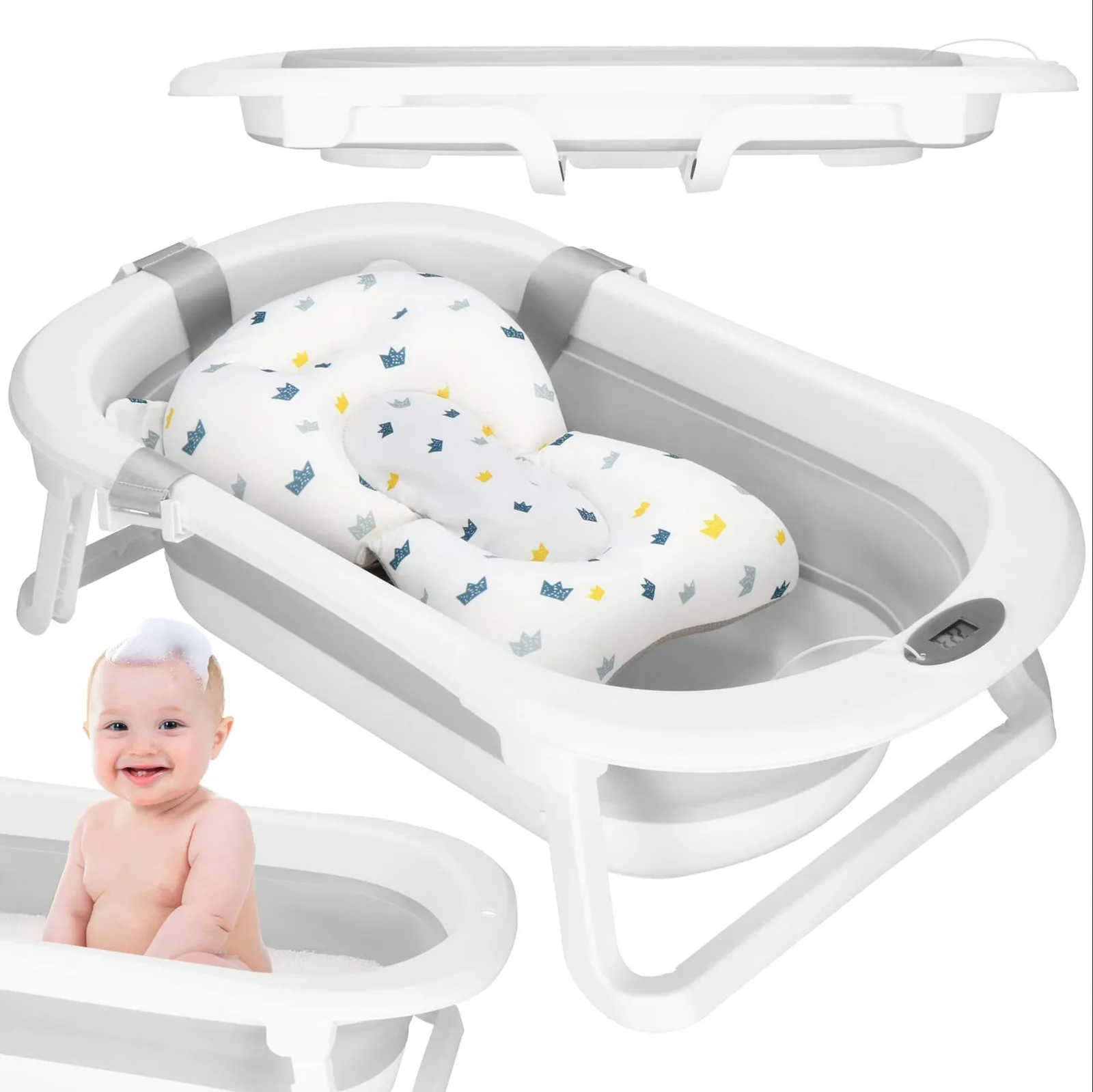 Wanienka dla niemowląt z korkiem, termometrem i poduszką 40 L przenośna, biało-szara