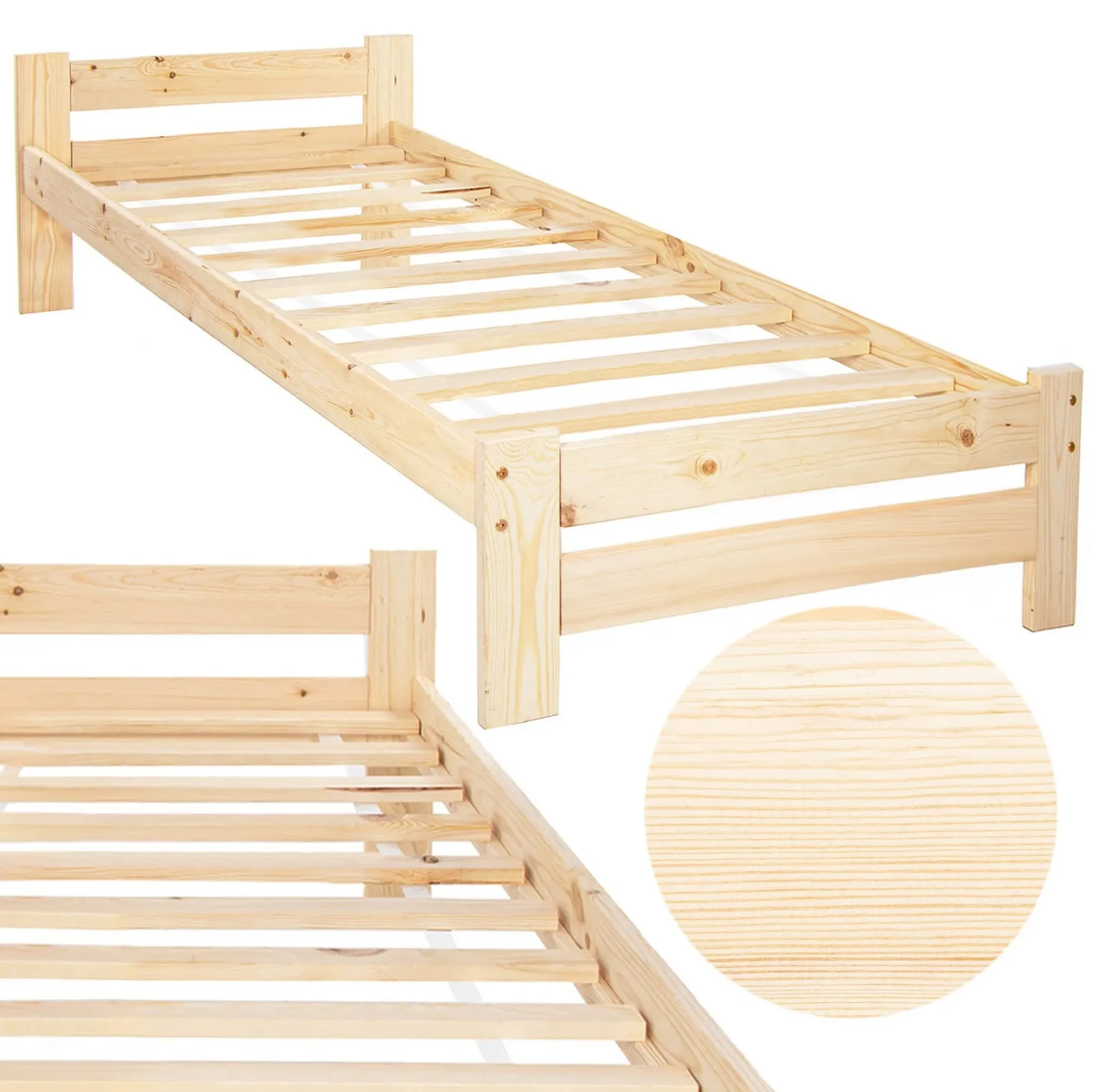 Łóżko drewniane jednoosobowe 200x90 ze stelażem i ramą jasnobrązowe