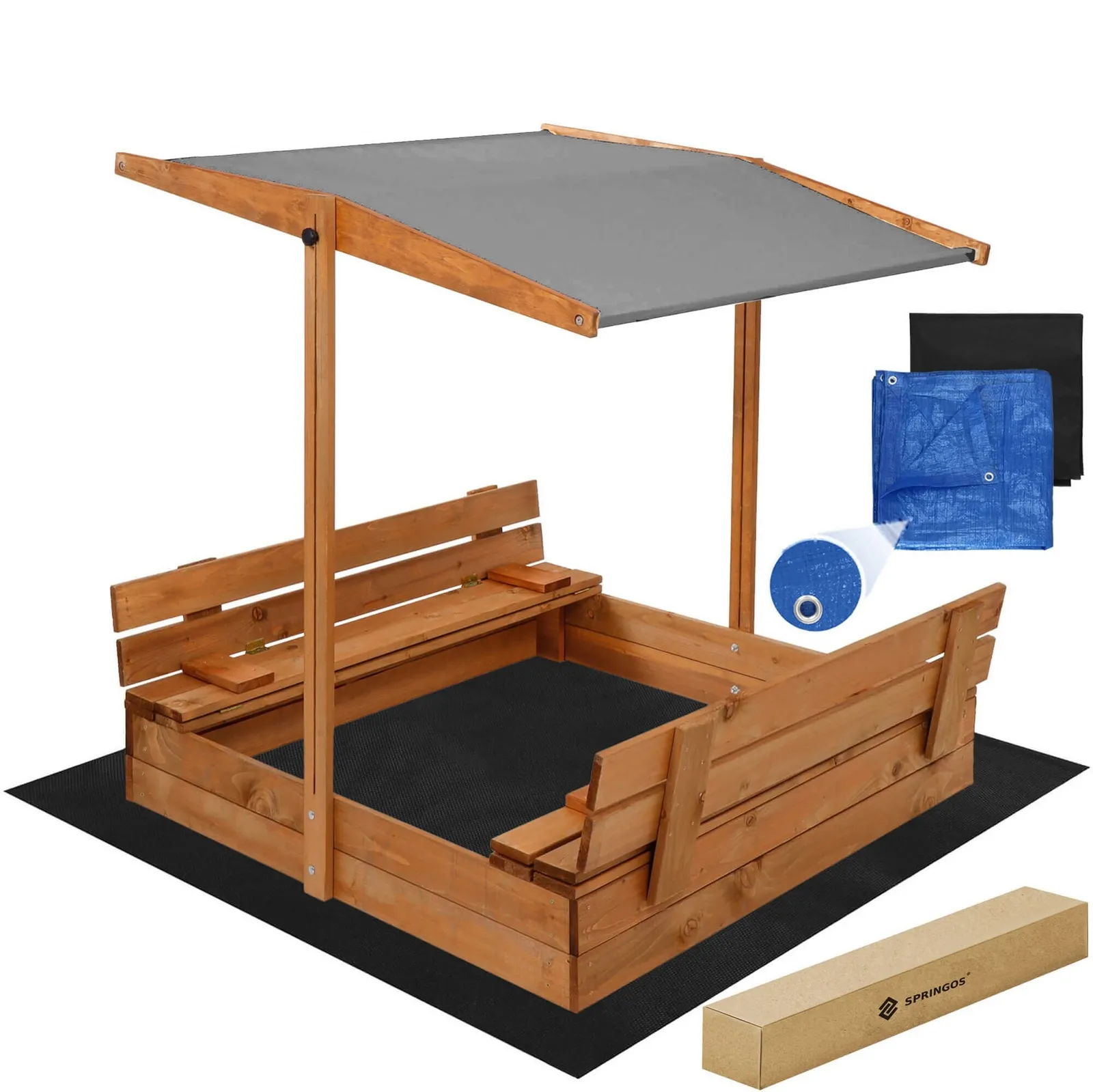 Piaskownica drewniana 120x120 cm zamykana z ławkami i daszkiem dla dzieci