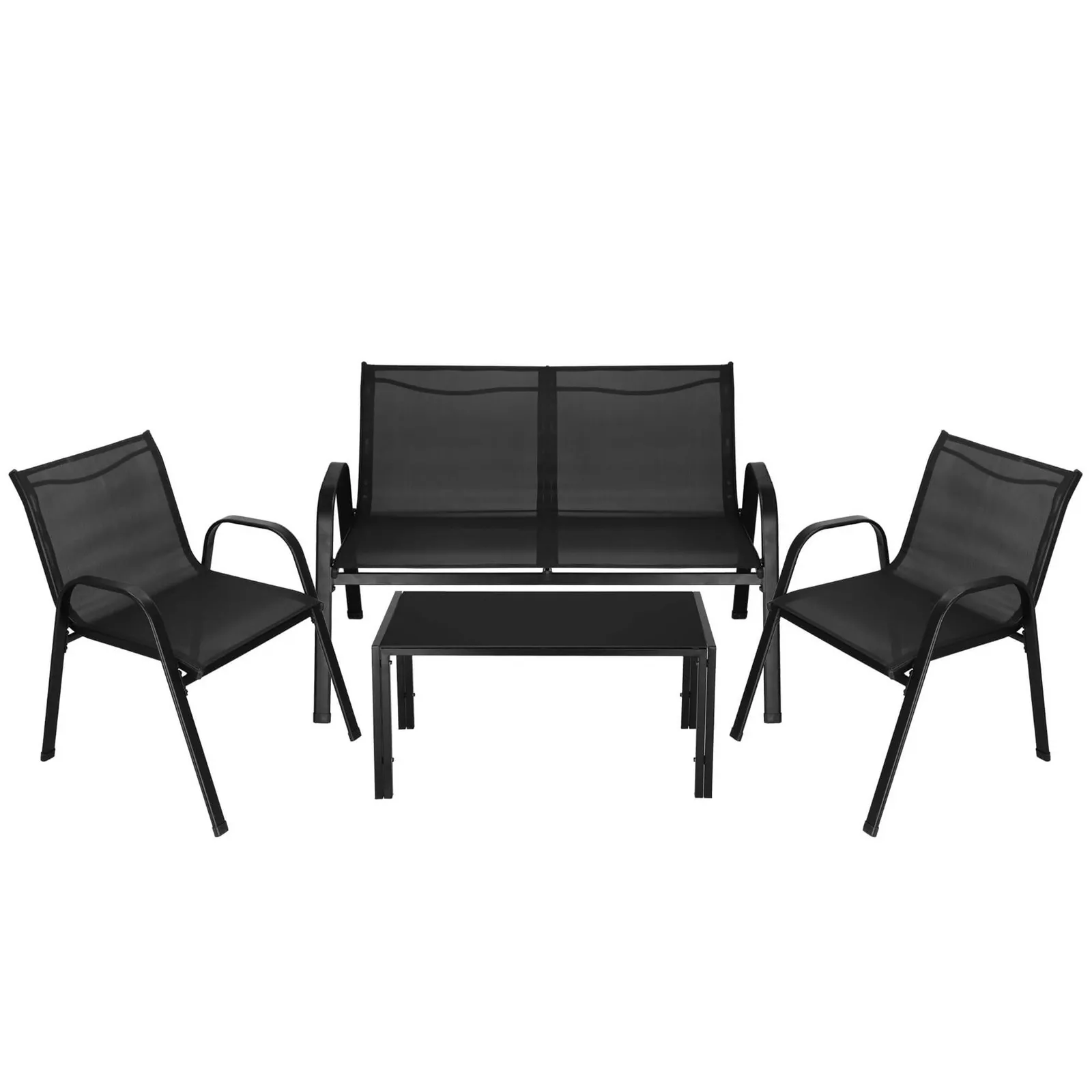Meble ogrodowe komplet sofa, 2 krzesła i stolik ze szklanym blatem czarne
