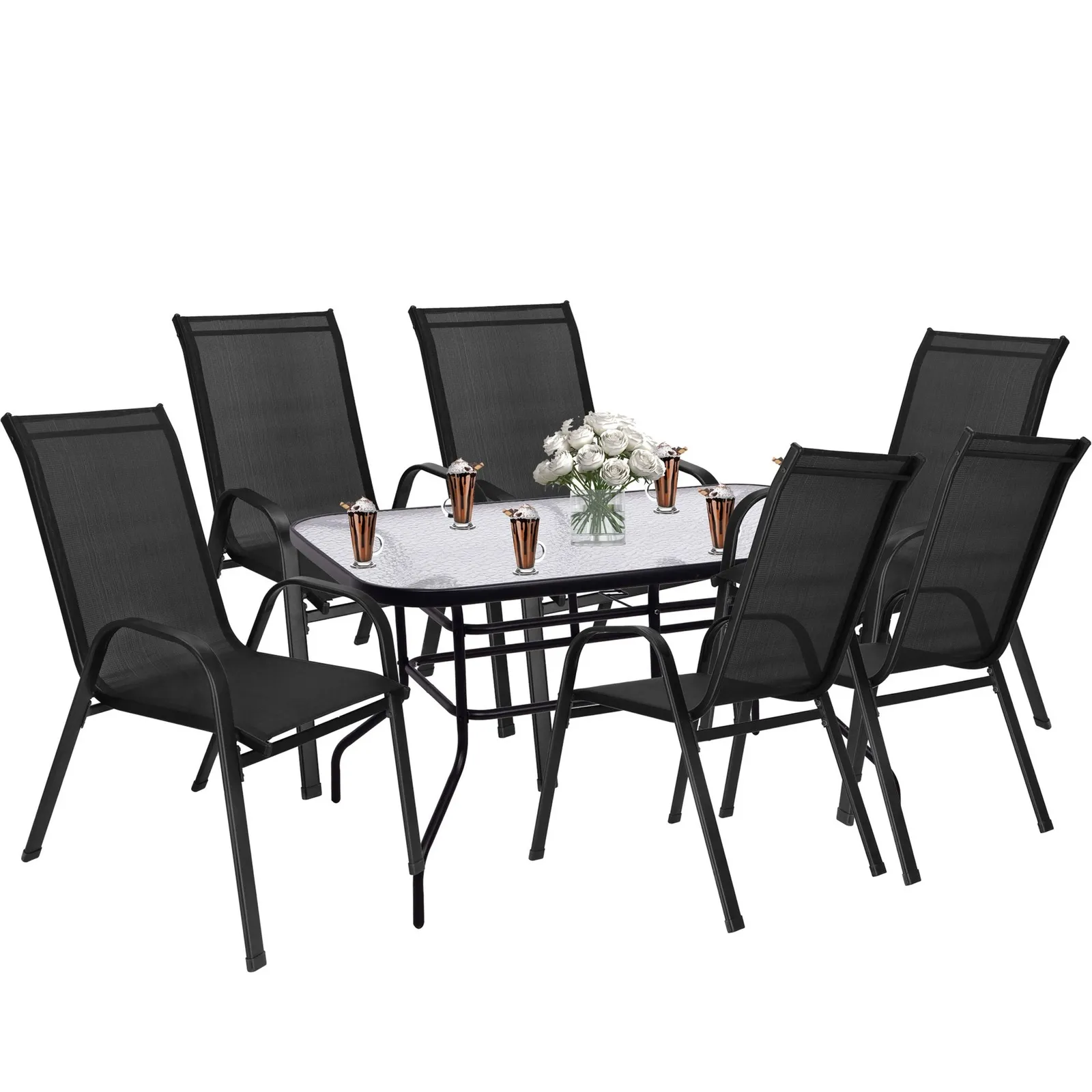 Zestaw mebli ogrodowych stół ze szkłem hartowanym, 6 krzeseł na taras czarny