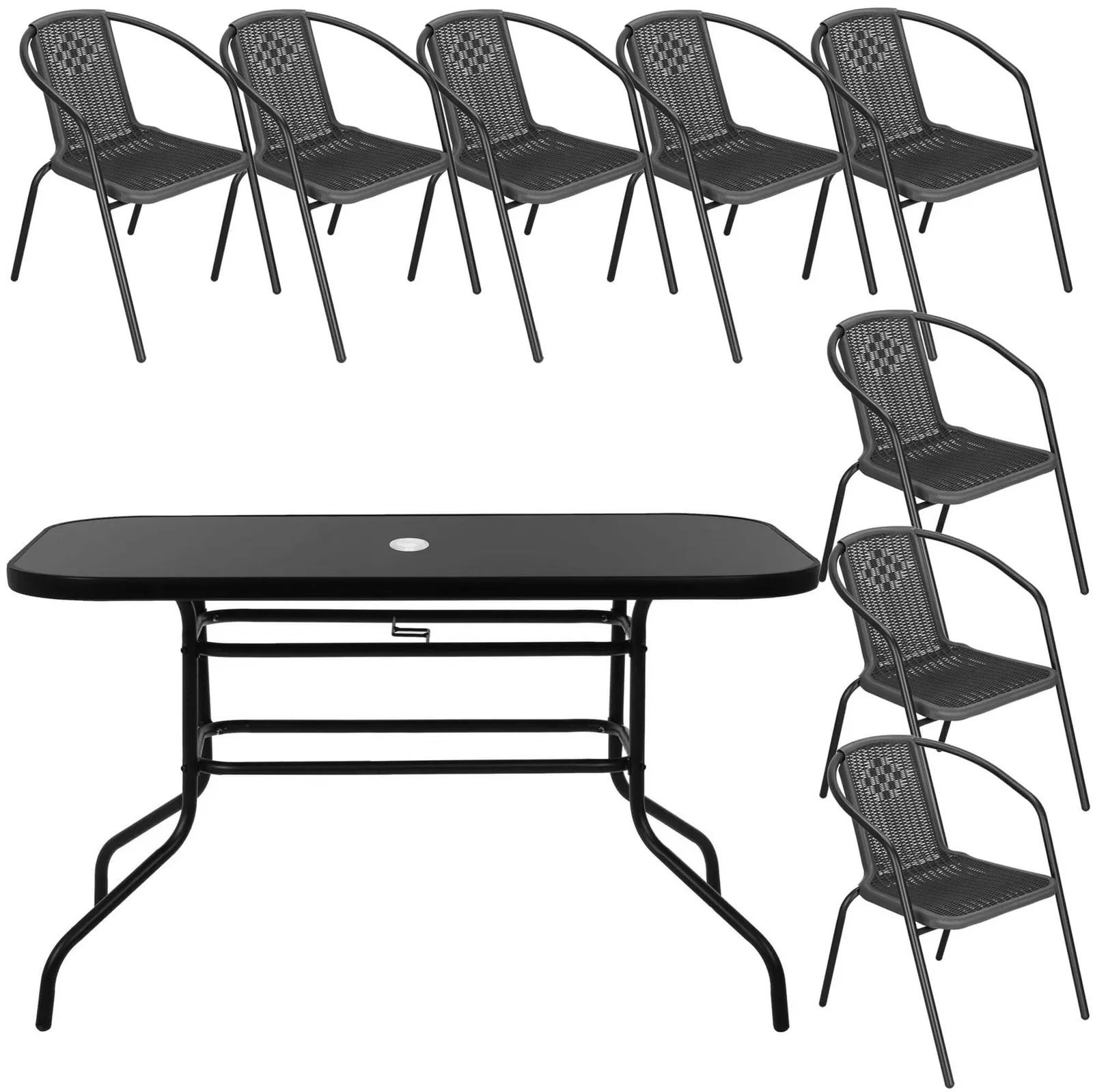 Zestaw mebli ogrodowych stół prostokątny i 8 krzeseł metalowych komplet czarno-szary