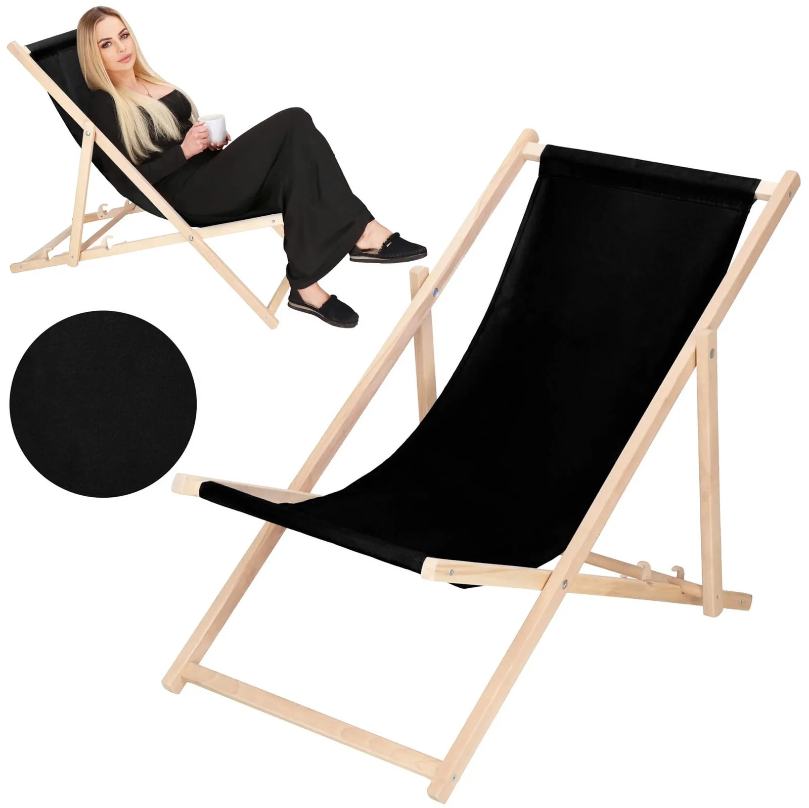 Leżak plażowy składany, drewniany z czarnym materiałem
