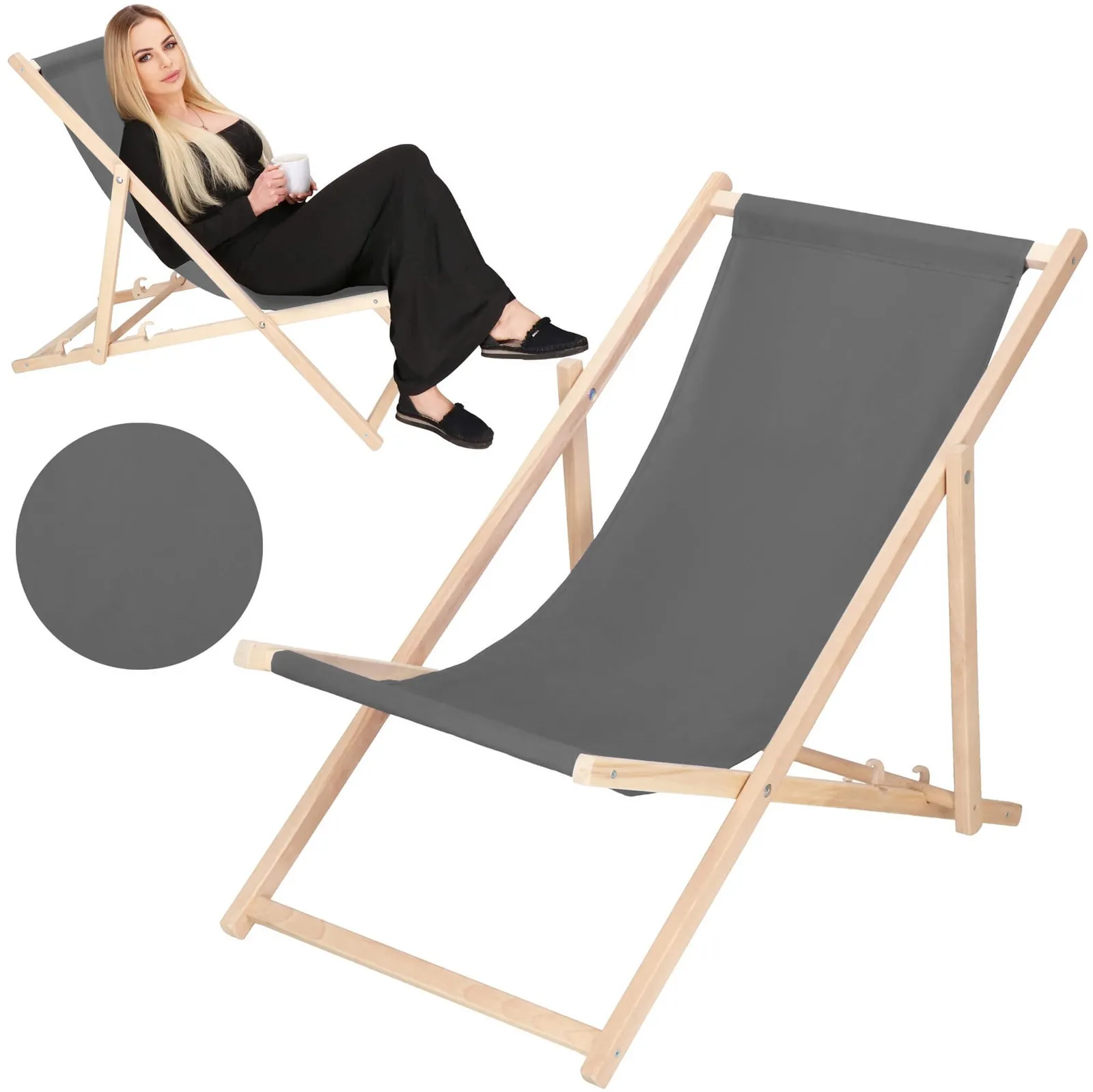 Leżak plażowy składany, drewniany z grafitowym materiałem