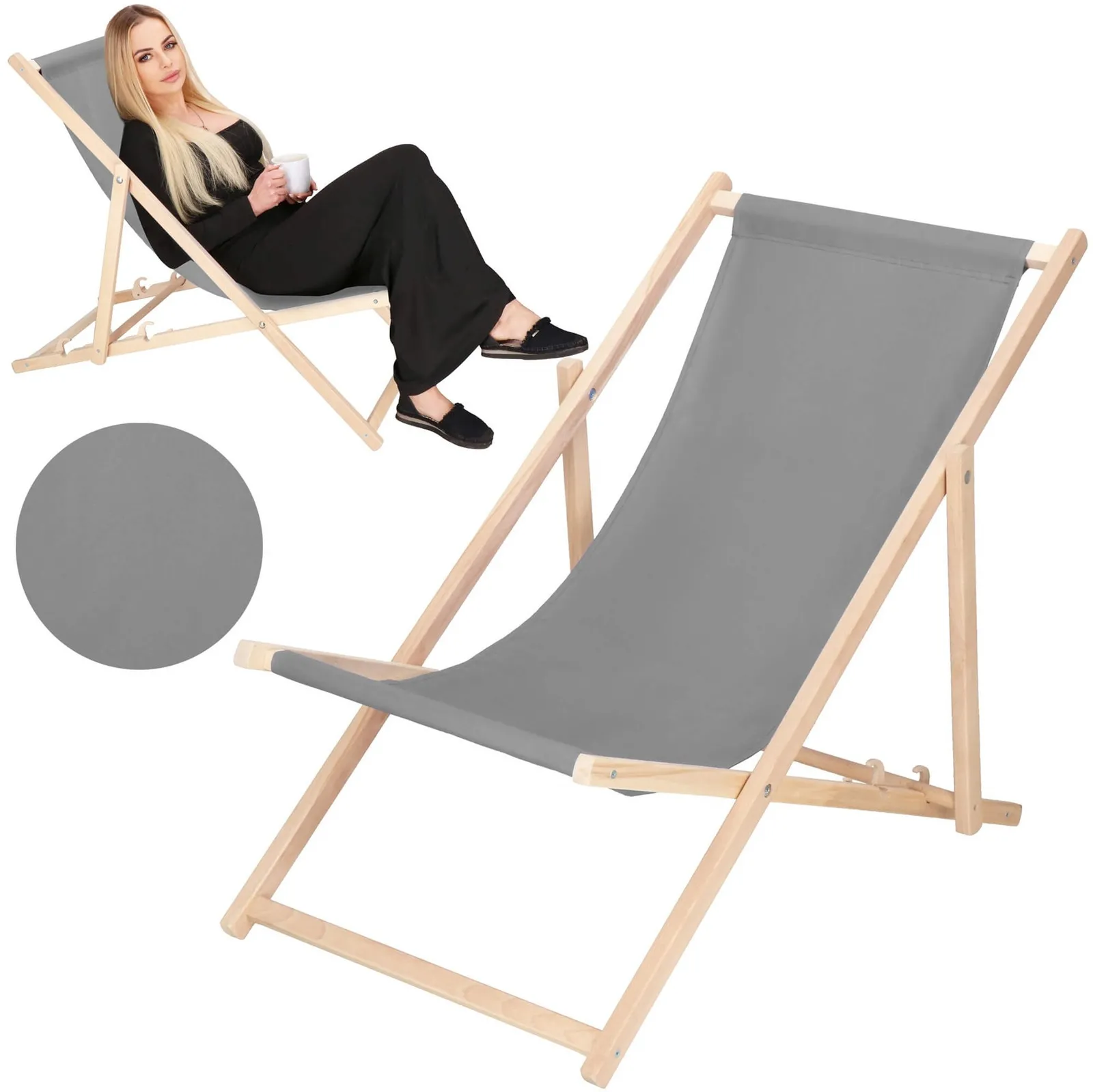 Leżak plażowy składany, drewniany z szarym materiałem