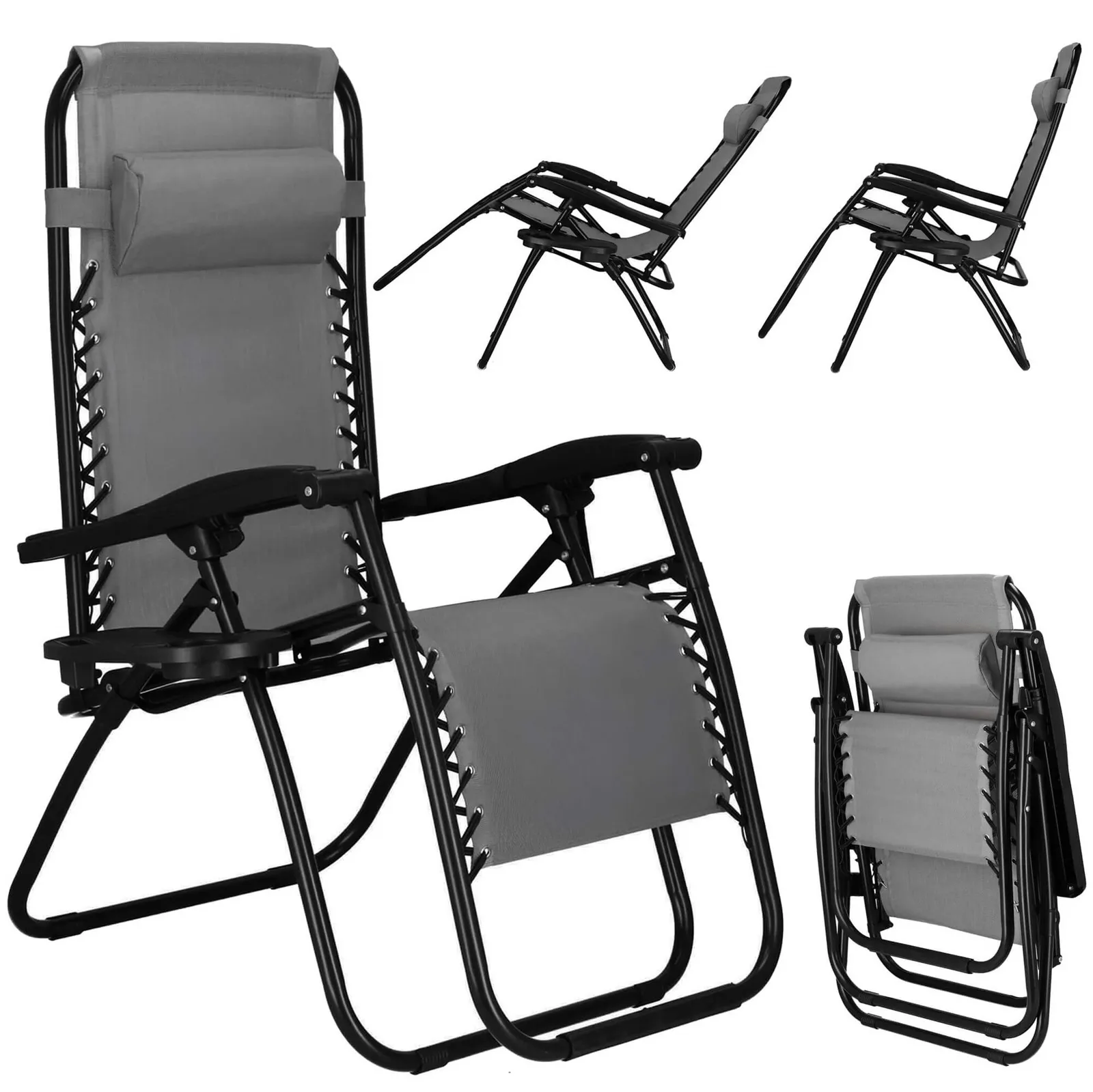 Leżak ogrodowy grawitacyjny z zagłówkiem i półką na napoje składany ogrodowy szary