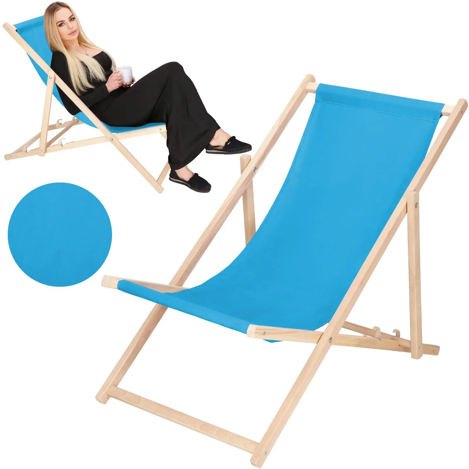 Leżak plażowy składany, drewniany z niebieskim materiałem