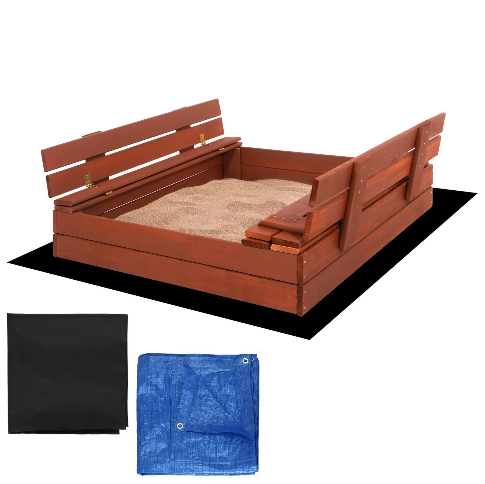 Piaskownica zamykana 100x100 cm drewno impregnowane z ławeczkami, włókniną i plandeką, brązowa