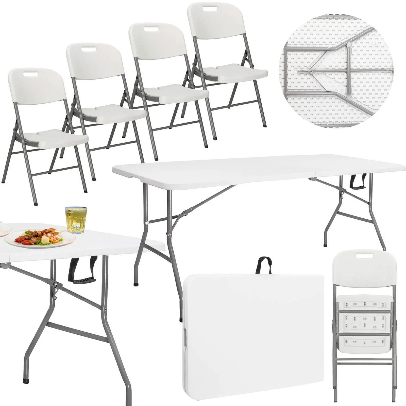 Meble turystyczne składane, stół 180x74 cm z 4 krzesłami zestaw cateringowy ogrodowy biały