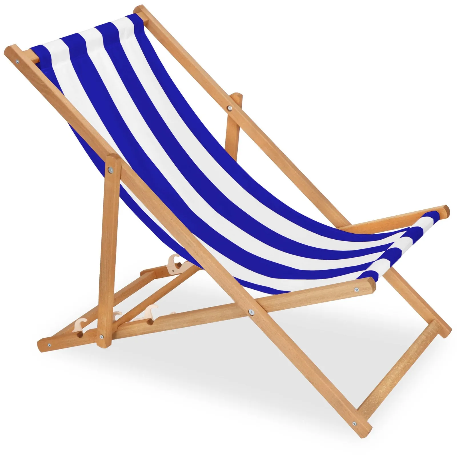 Leżak plażowy składany, drewniany z 3-stopniową regulacją, na taras do ogrodu biało-niebieskie pasy