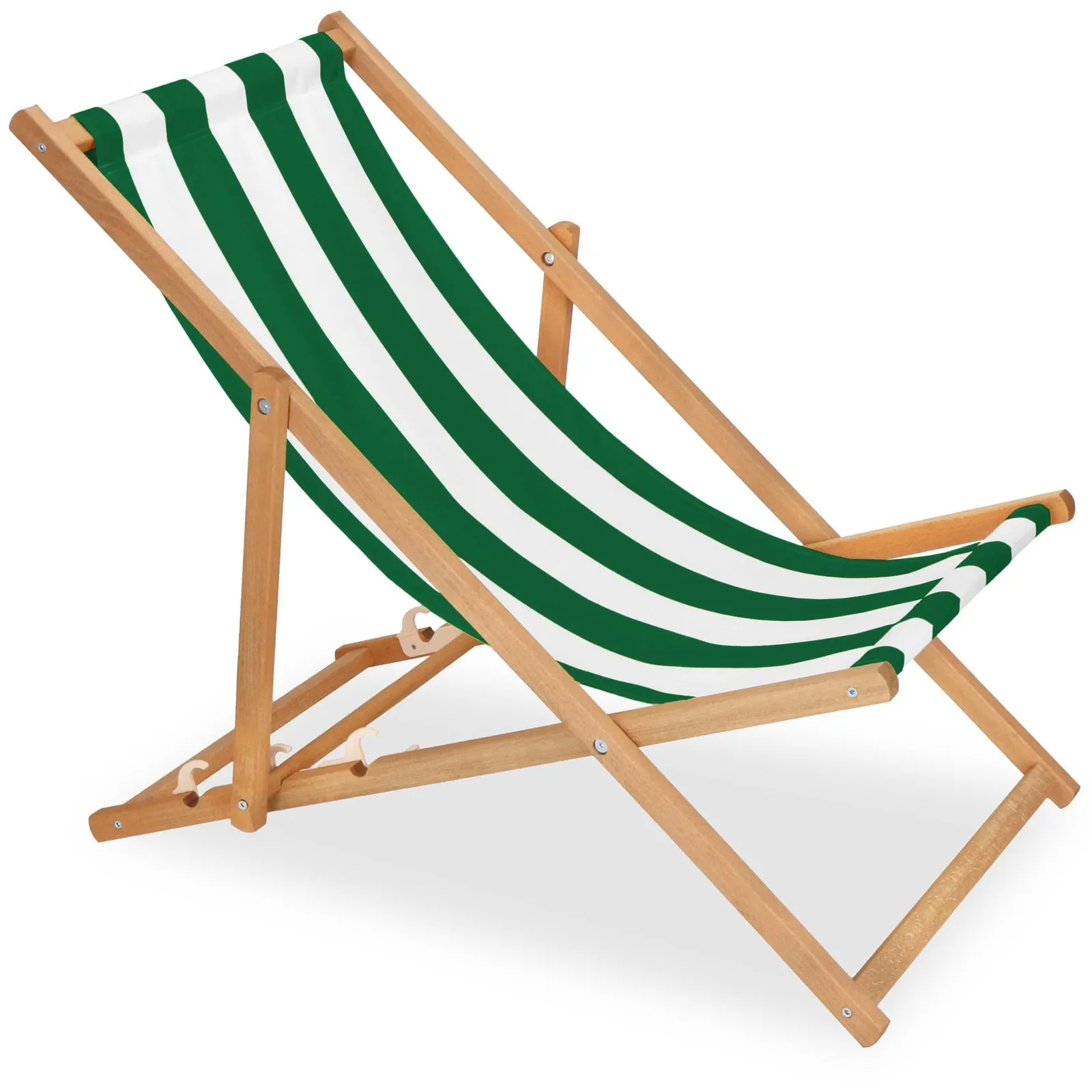 Leżak plażowy składany, drewniany z 3-stopniową regulacją, na taras do ogrodu biało-zielone pasy