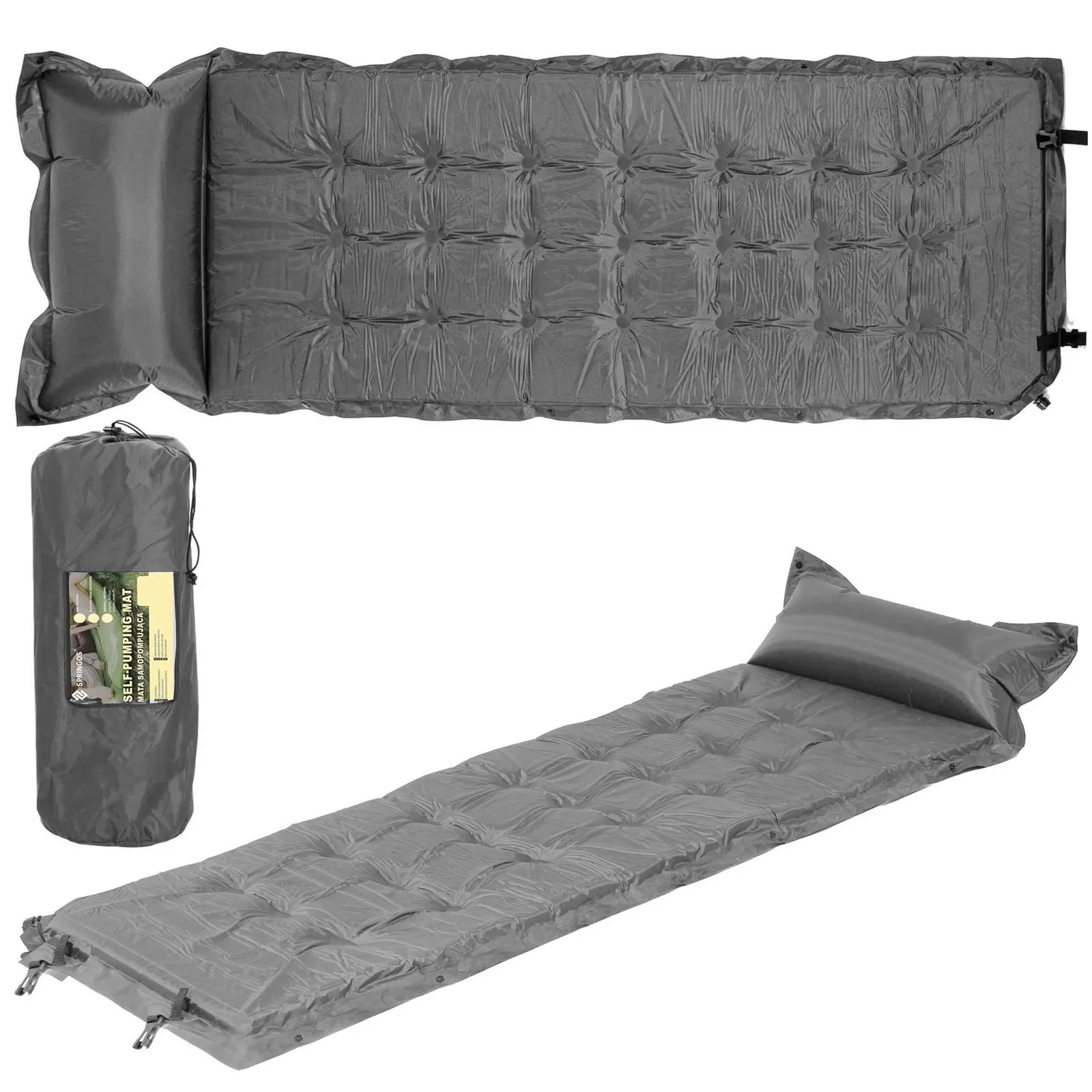 Mata samopompująca, materac 193 cm z poduszką i pokrowcem mata turystyczna, szara