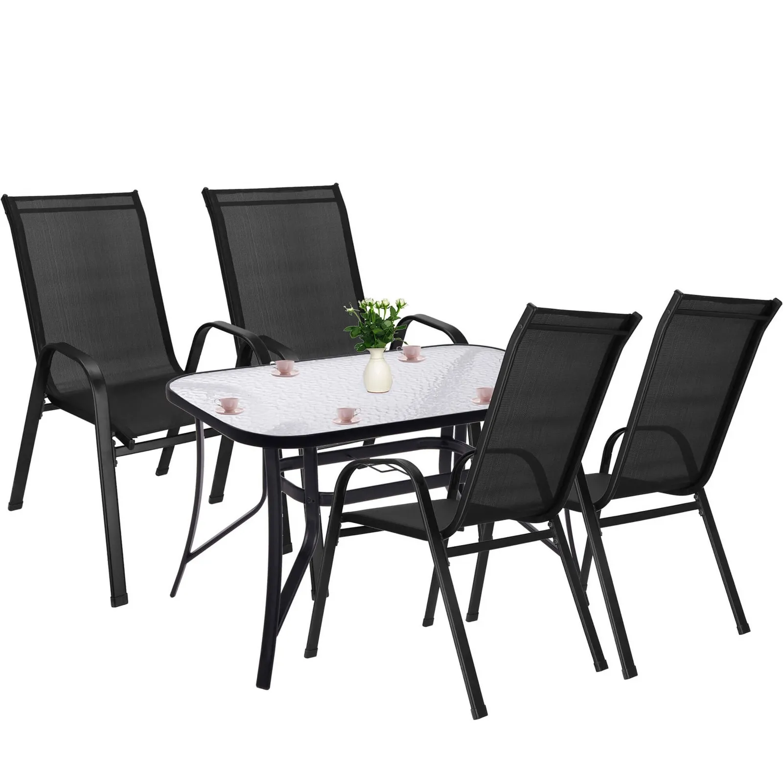 Meble ogrodowe: zestaw ogrodowy dla 4 osób metal i szkło hartowane, czarne