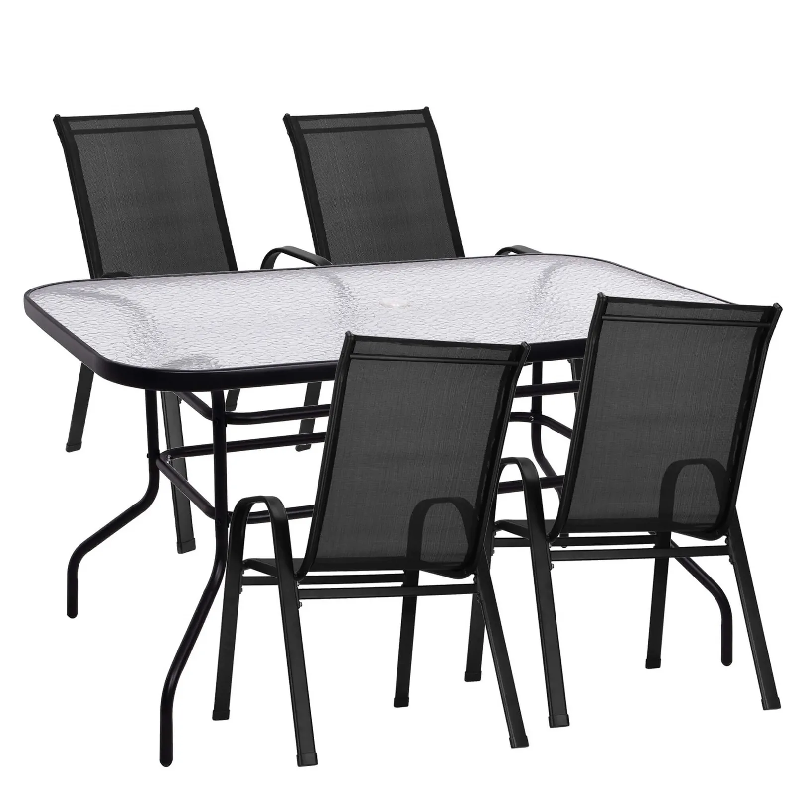 Zestaw mebli ogrodowych dla 4 osób, stół ze szkłem hartowanym 4 krzesła, metalowe, czarne