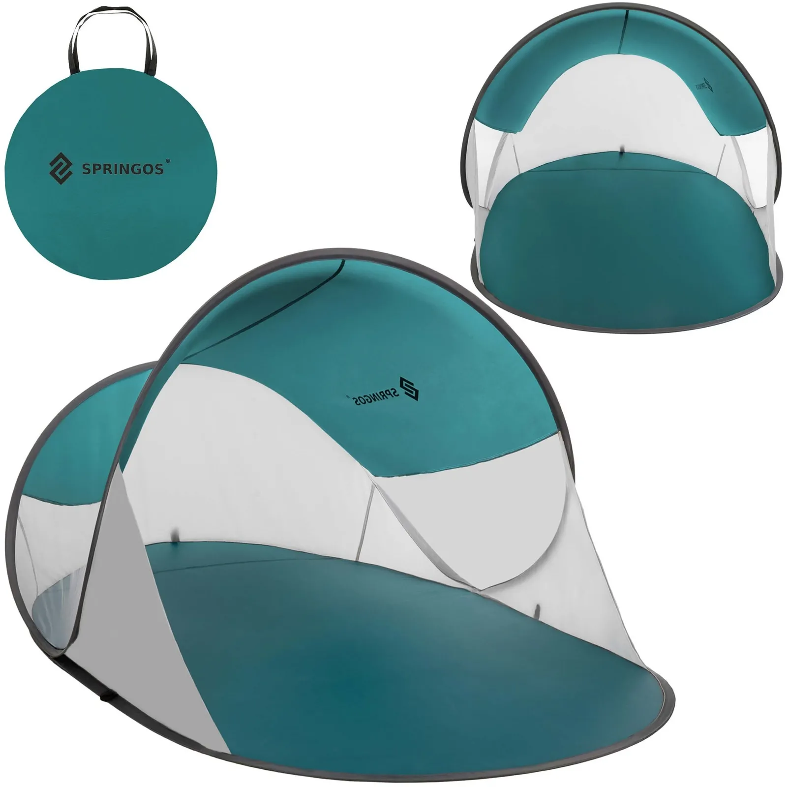 Namiot pop-up plażowy, ochrona UV parawan samorozkładający turkusowo-szary