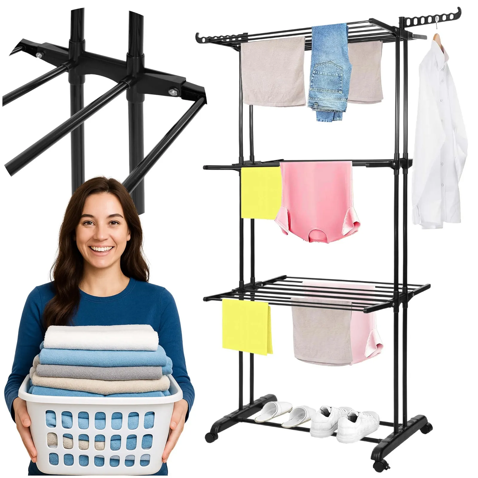 Suszarka na pranie z kółkami, składana 180x75,5x49 cm do suszenia ubrań i bielizny