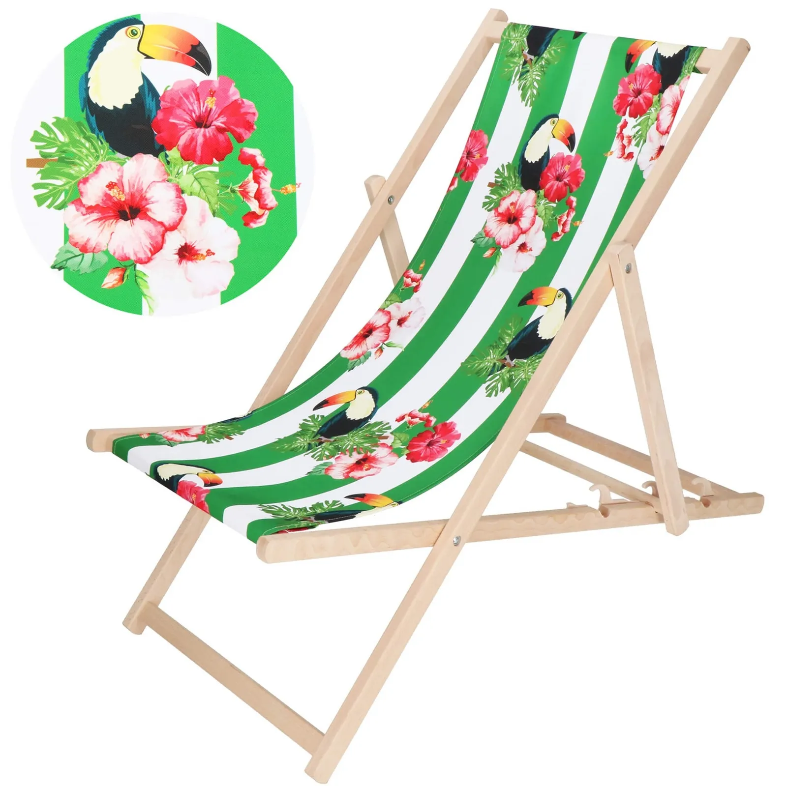 Leżak plażowy, drewniany z 3-stopniową regulacją, do ogrodu, biało-zielony