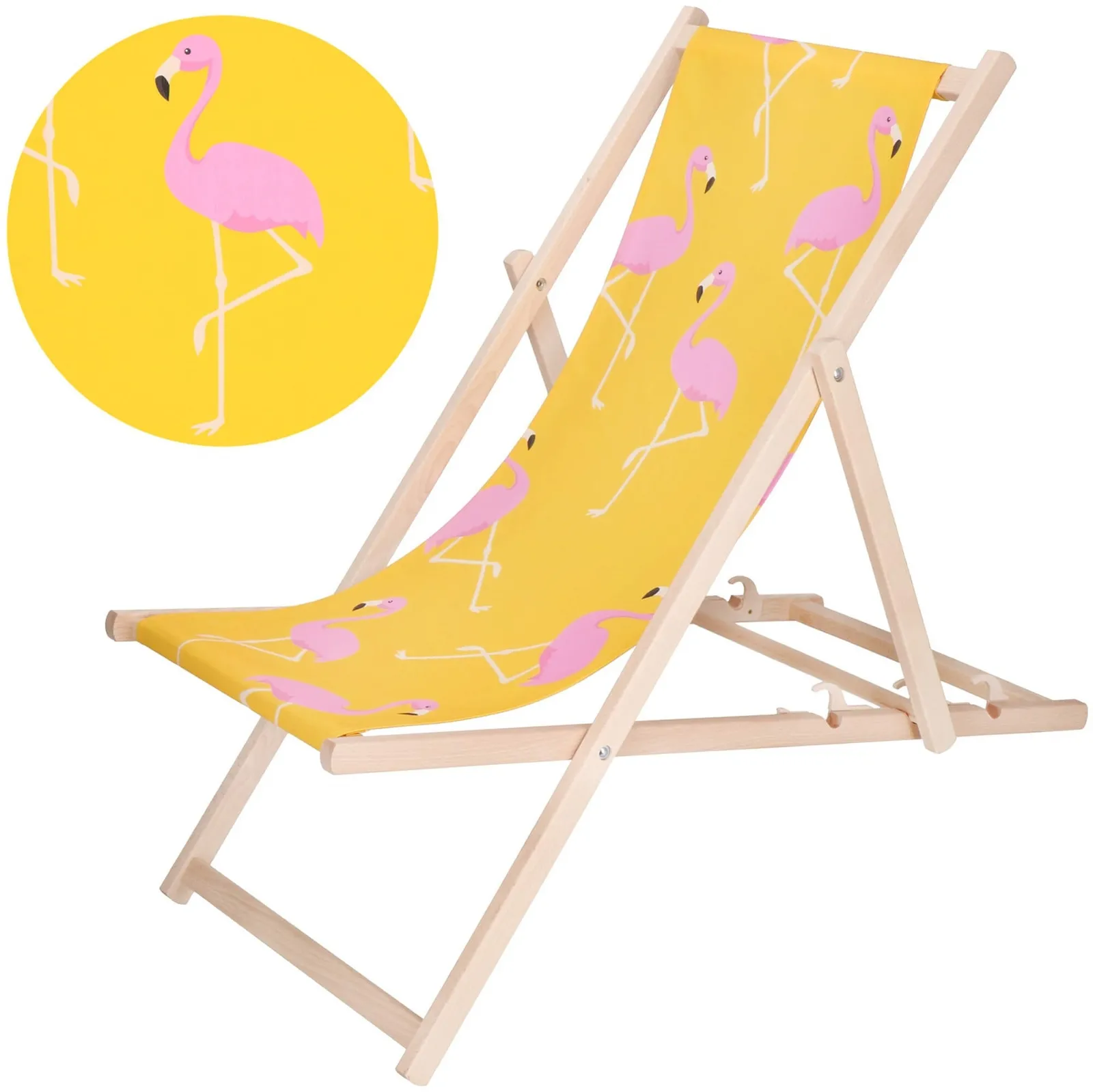 Leżak plażowy, drewniany z 3-stopniową regulacją, do ogrodu, żółto-różowy