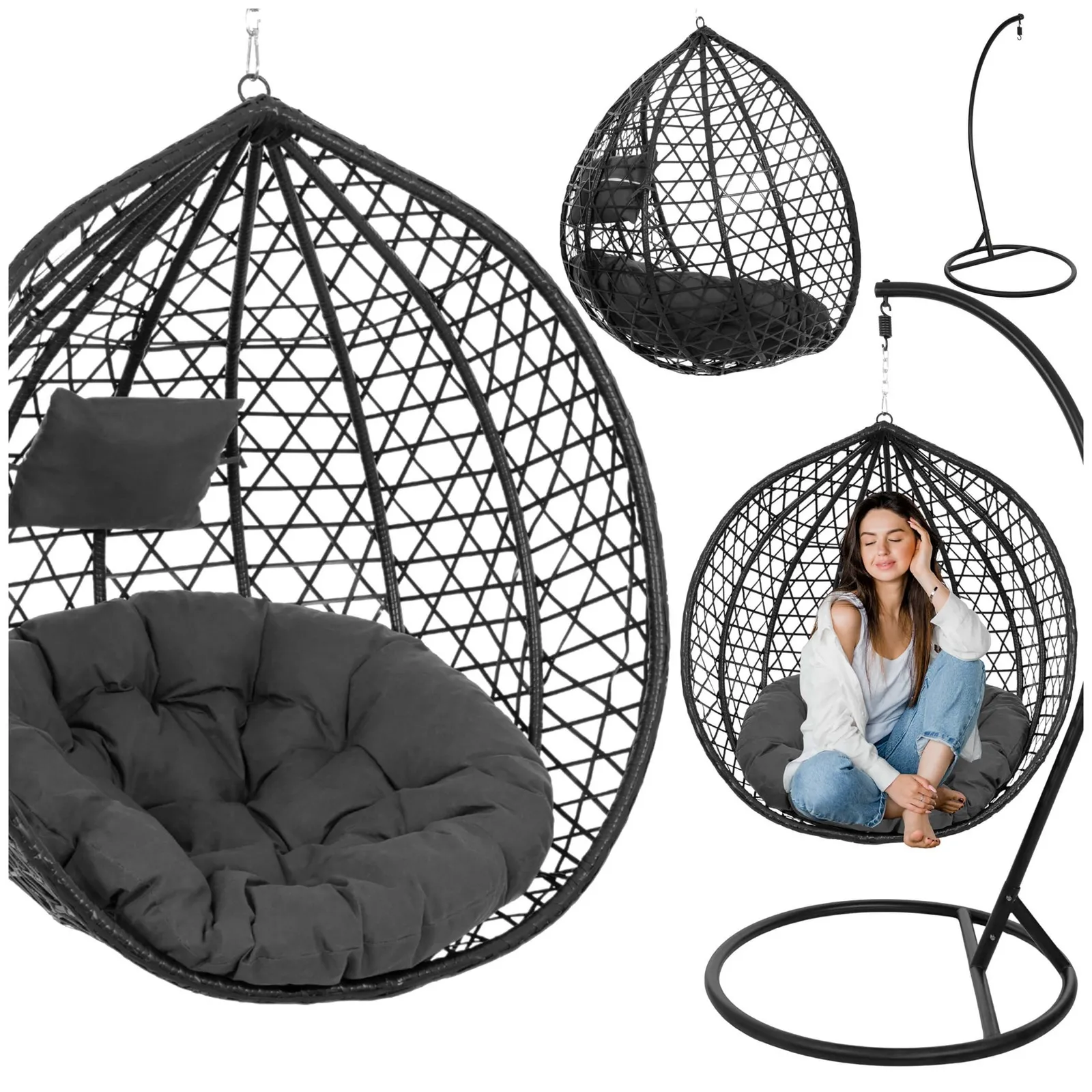 Fotel wiszący ogrodowy kokon rattanowy z poduszkami bujak huśtawka na stelażu czarna