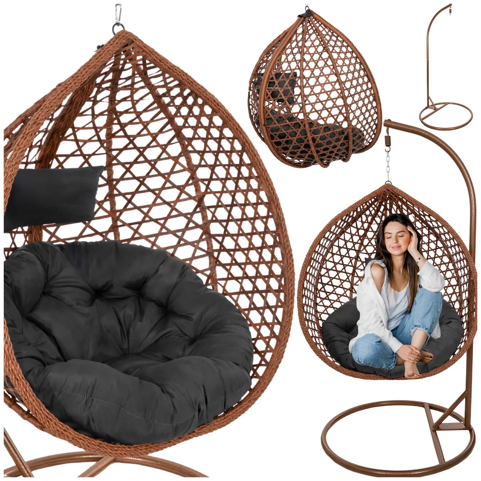 Fotel wiszący ogrodowy kokon rattanowy z poduszkami bujak huśtawka na stelażu brązowa