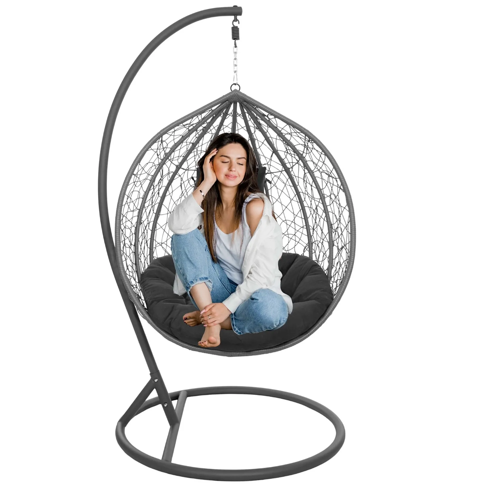 Fotel wiszący na stelażu, kokon rattanowy do ogrodu z poduszkami szary