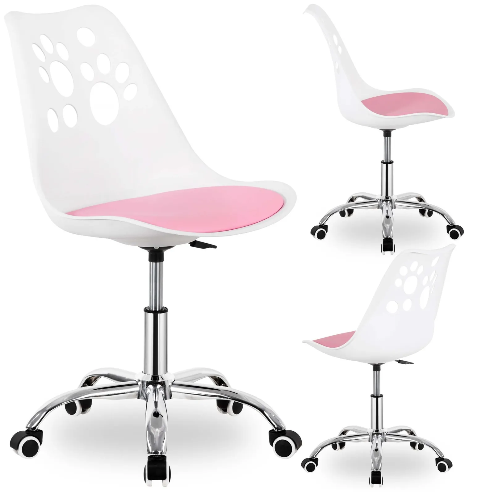 Krzesło obrotowe, ergonomiczny fotel na kółkach dla dzieci, ucznia biało-różowe