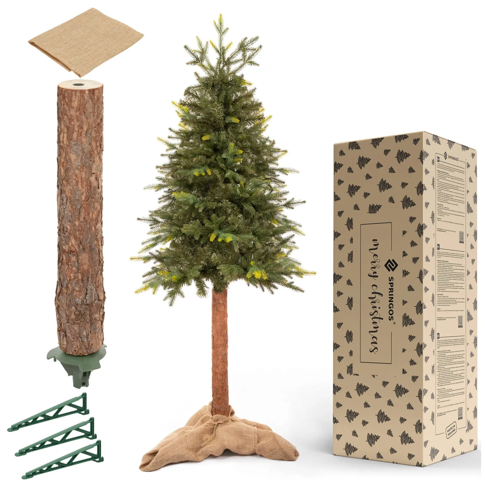 Sztuczna choinka na pniu jak żywa 180 cm świerk naturalny ze stojakiem nowoczesny