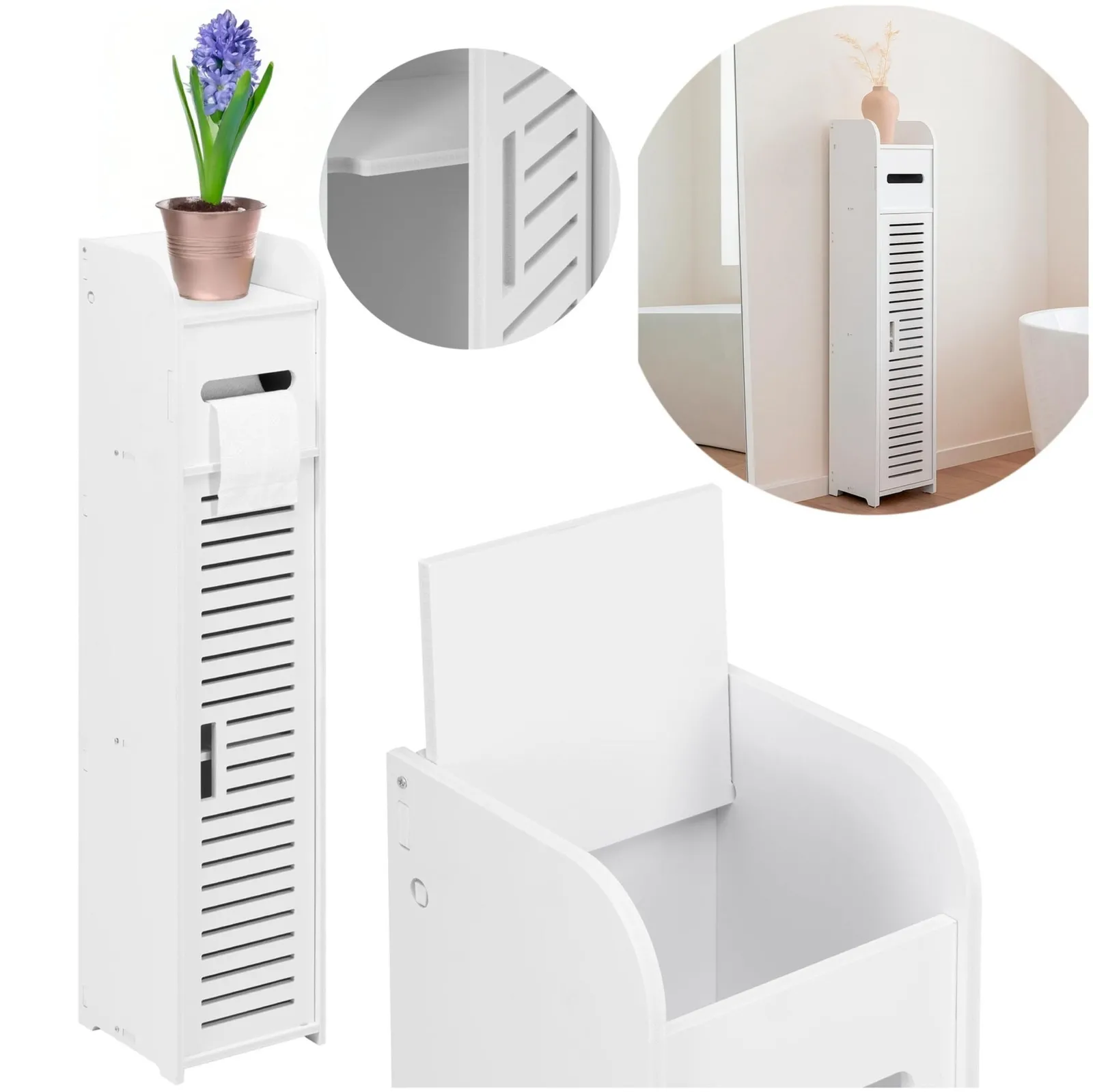 Szafka łazienkowa 80 cm stojąca z uchwytem na papier i schowkiem biały