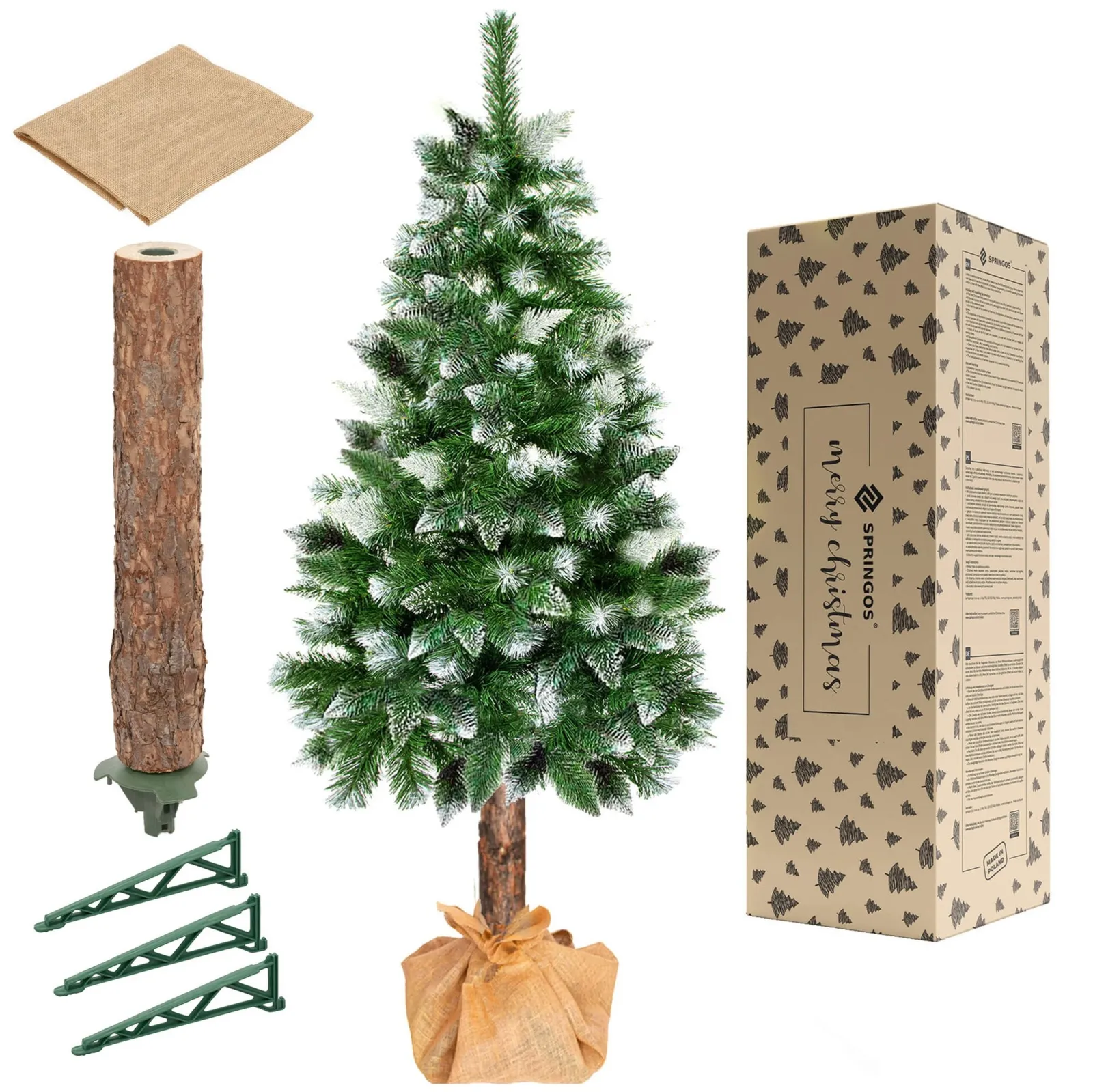 Sztuczna choinka na pniu 220 cm ośnieżona sosna diamentowa ze stojakiem i jutą premium