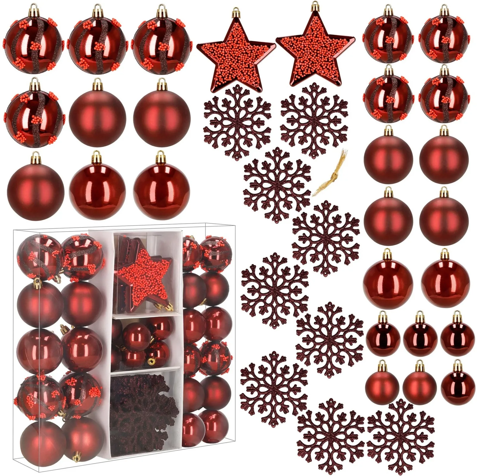 Bombki choinkowe 40 szt. zestaw ozdób świątecznych: bombki, gwiazdy i śnieżynki, bordowo-czerwone