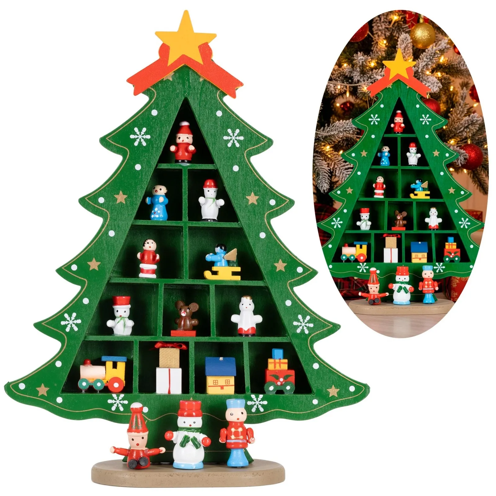 Drewniana choinka z figurkami świąteczna 28 cm dekoracja bożonarodzeniowa