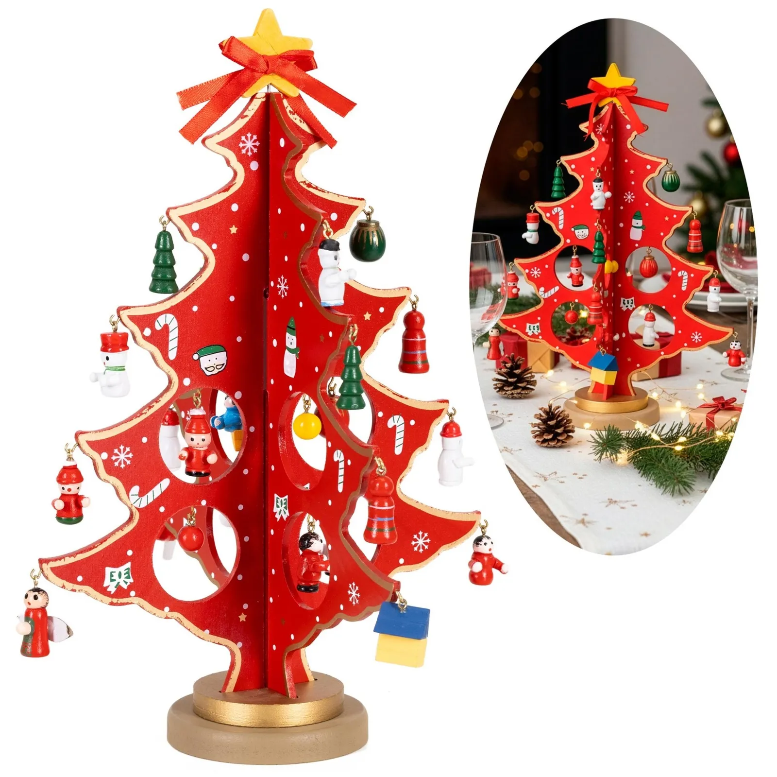 Drewniana choinka z figurkami świąteczna 29 cm dekoracja bożonarodzeniowa czerwona