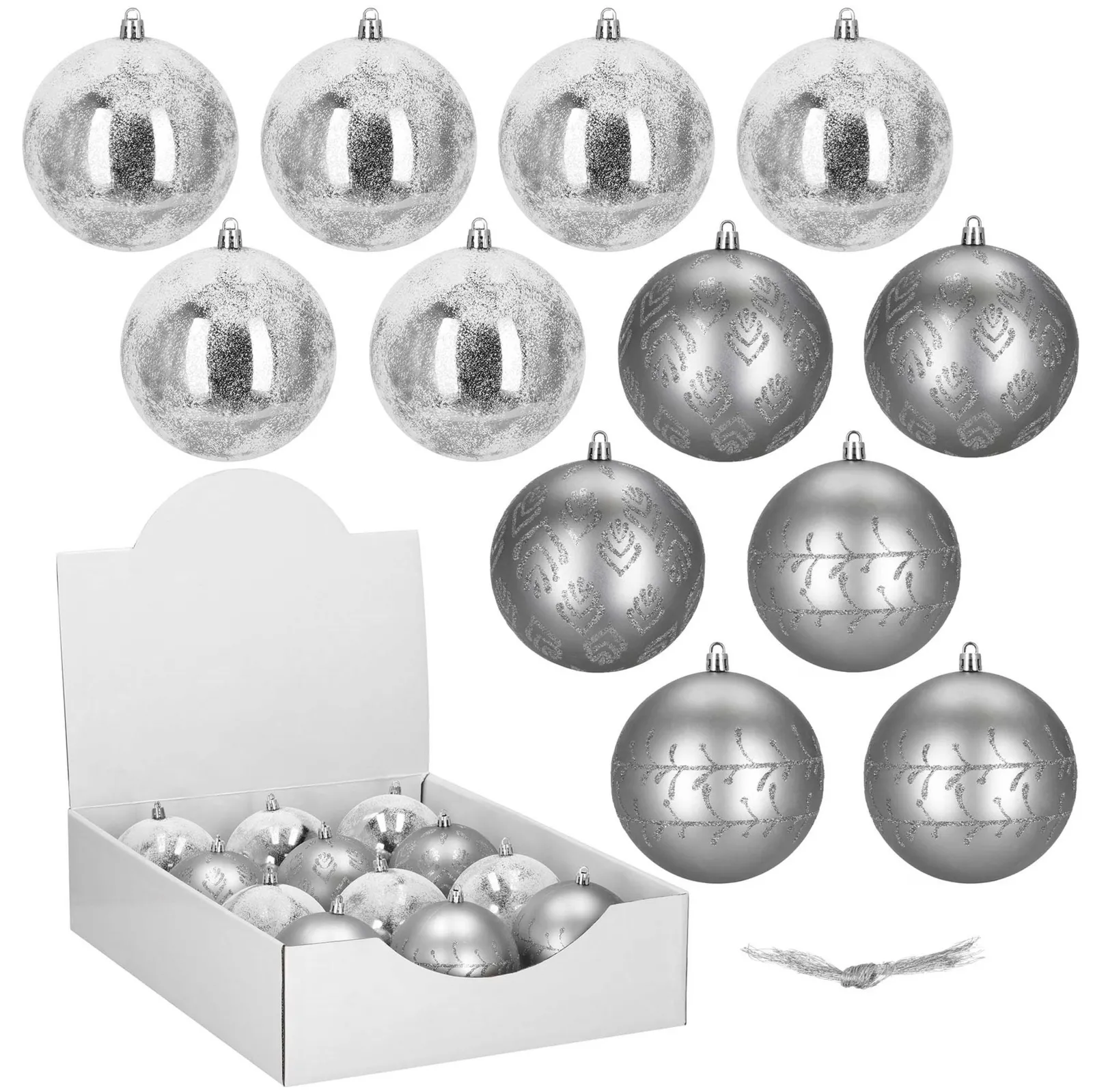 Bombki choinkowe srebrne 12 szt. 11 cm komplet ozdoby świąteczne zdobione