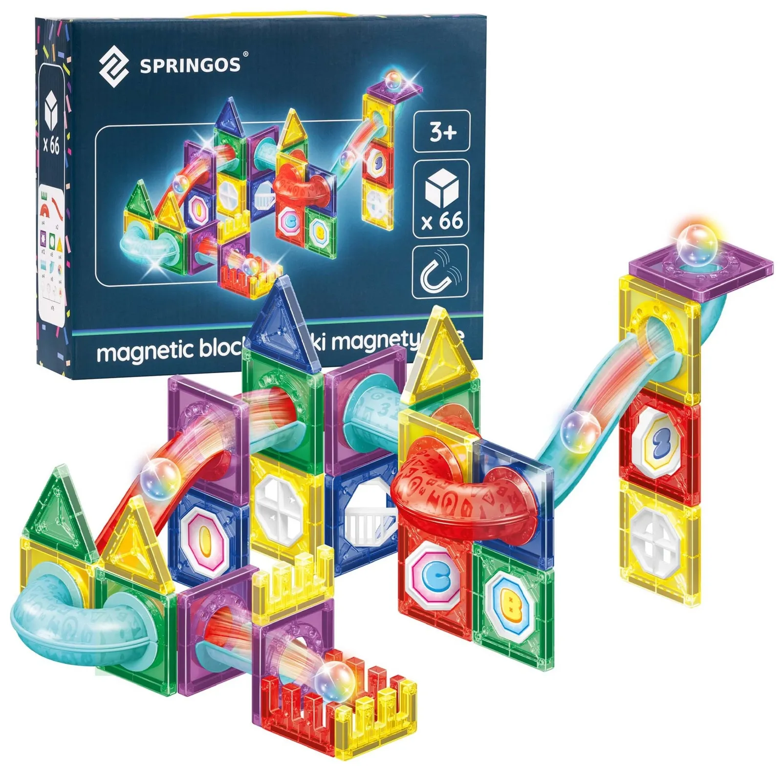 Klocki magnetyczne, konstrukcyjne zestaw 66 szt. tunel kulkowy, świecące kulki