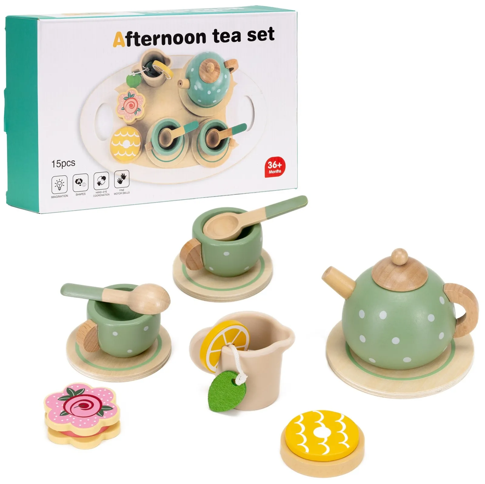 Zabawka drewniana, akcesoria kuchenne dla dzieci 14 el. zestaw do herbaty