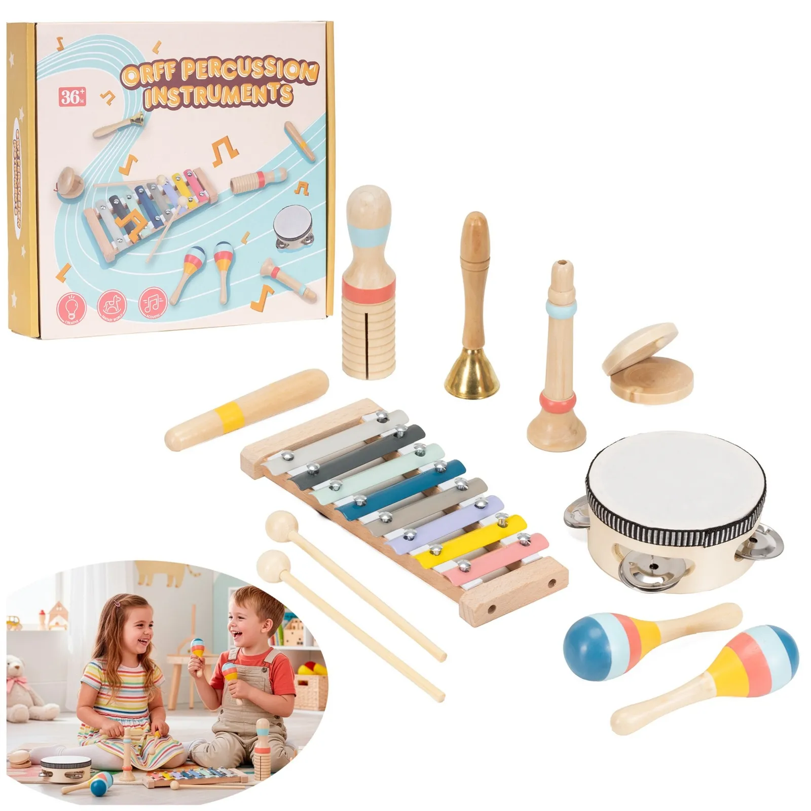 Zestaw instrumentów muzycznych 8 szt. z drewna, cymbałki, bębenek dla dzieci