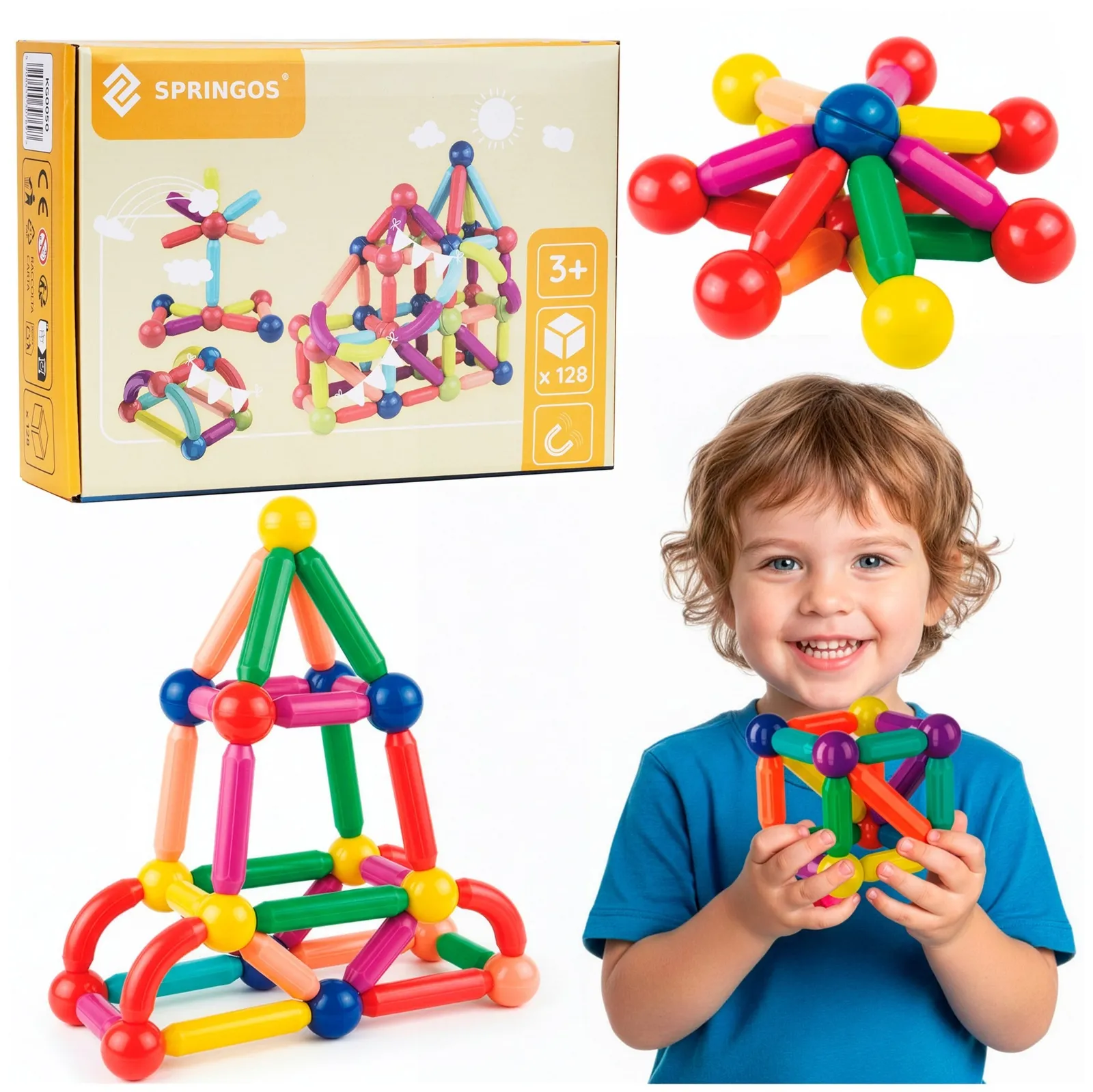 Klocki magnetyczne dla dzieci duży zestaw 128 szt. patyczki kulki 3D konstrukcyjne