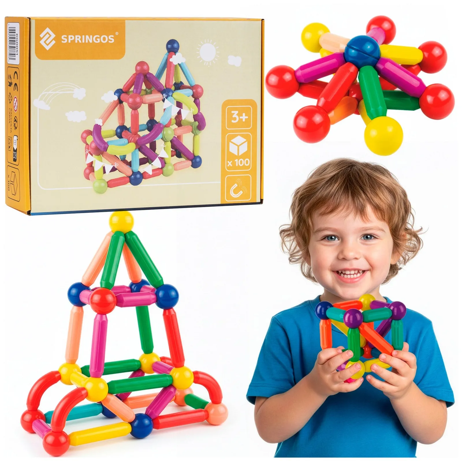 Klocki magnetyczne dla dzieci duży zestaw 100 szt. patyczki kulki 3D konstrukcyjne