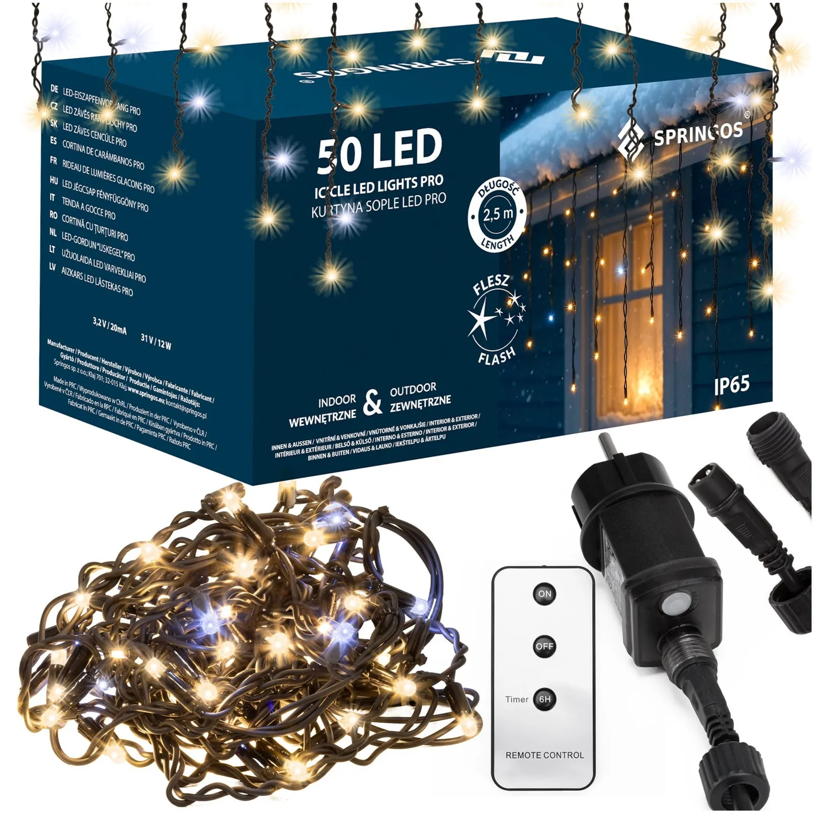 Lampki zewnętrzne PRO 50 LED kurtyna świetlna, sople 2,5m ciepły biały + zimny biały flash, pilot z funkcją timer