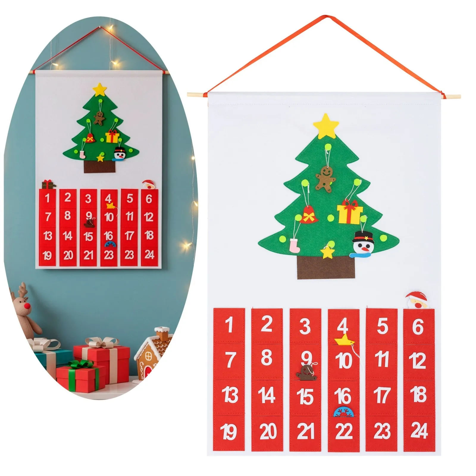 Kalendarz świąteczny, adwentowy na ścianę z 10 zawieszkami na choinkę, multikolor