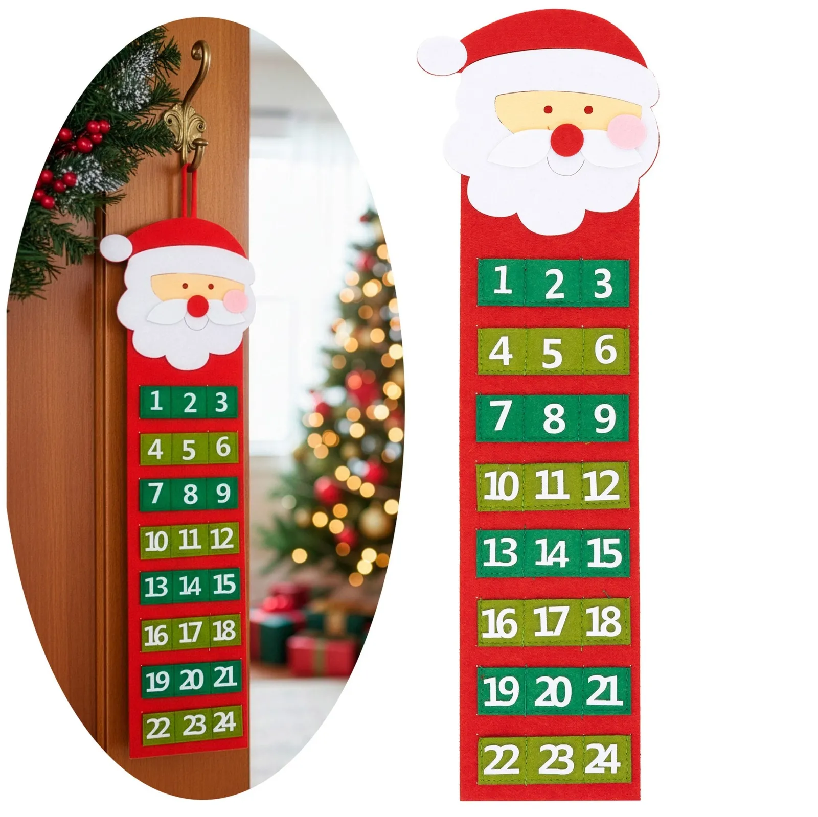 Kalendarz adwentowy, wiszący Mikołaj 24 przegródki, ozdoba świąteczna, filc, multikolor