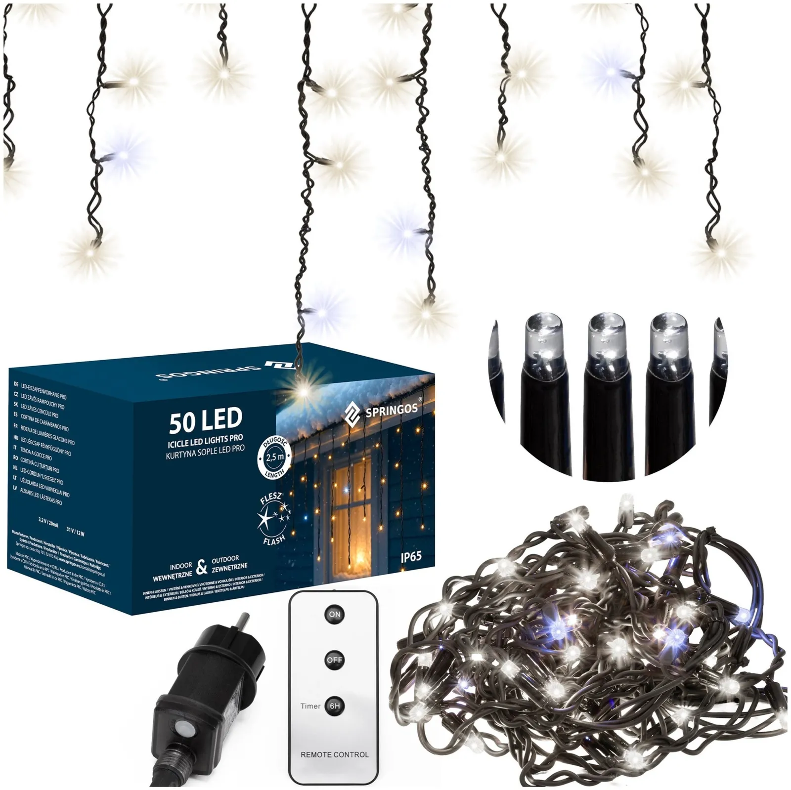 Kurtyna świetlna sople PRO 500 Led lampki zewnętrzne 25 m z pilotem zimny biały + zimny biały flash