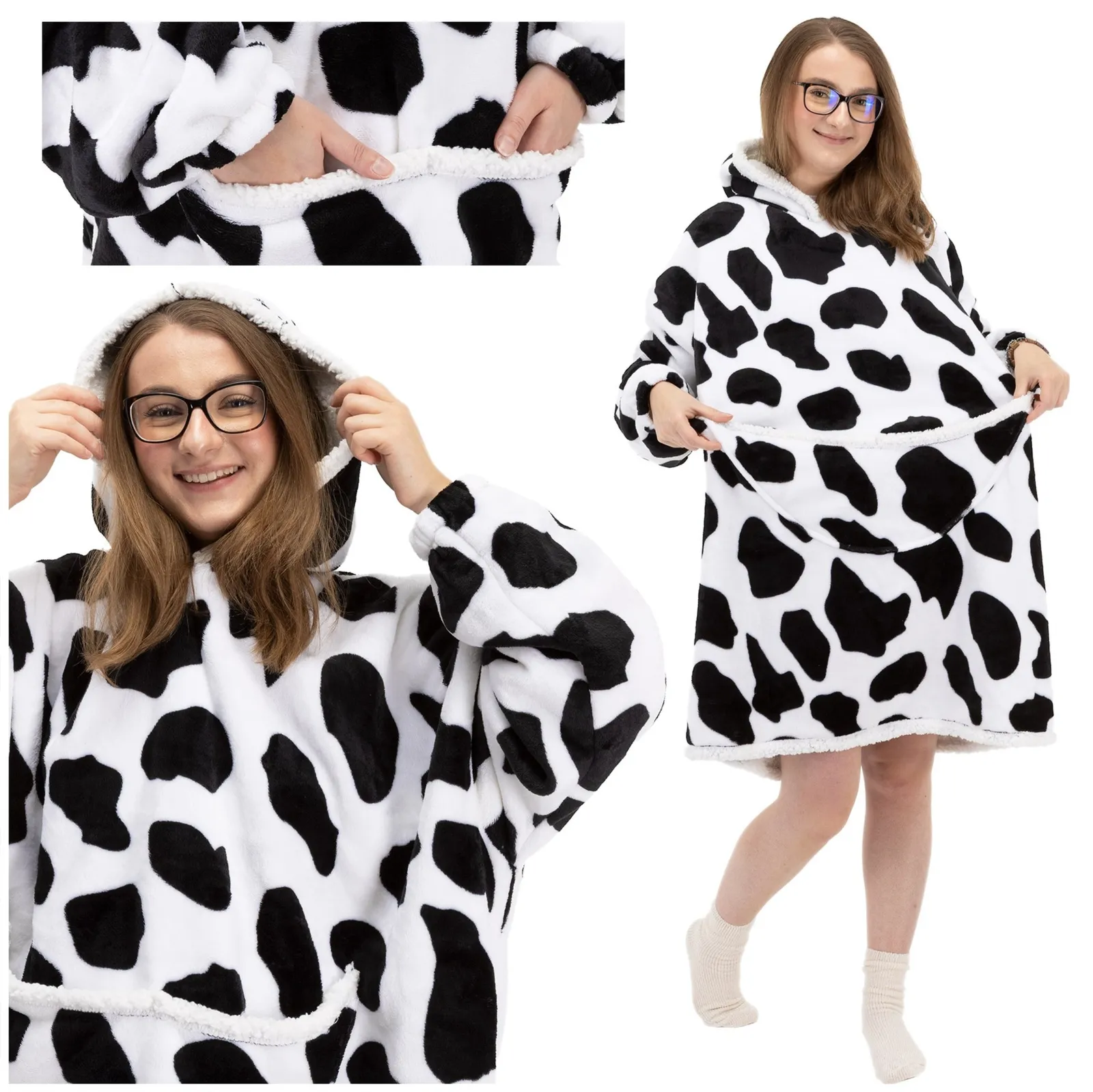 Bluza koc damska 2w1 kocobluza z kapturem ciepła oversize szlafrok futrzak czarno-biała